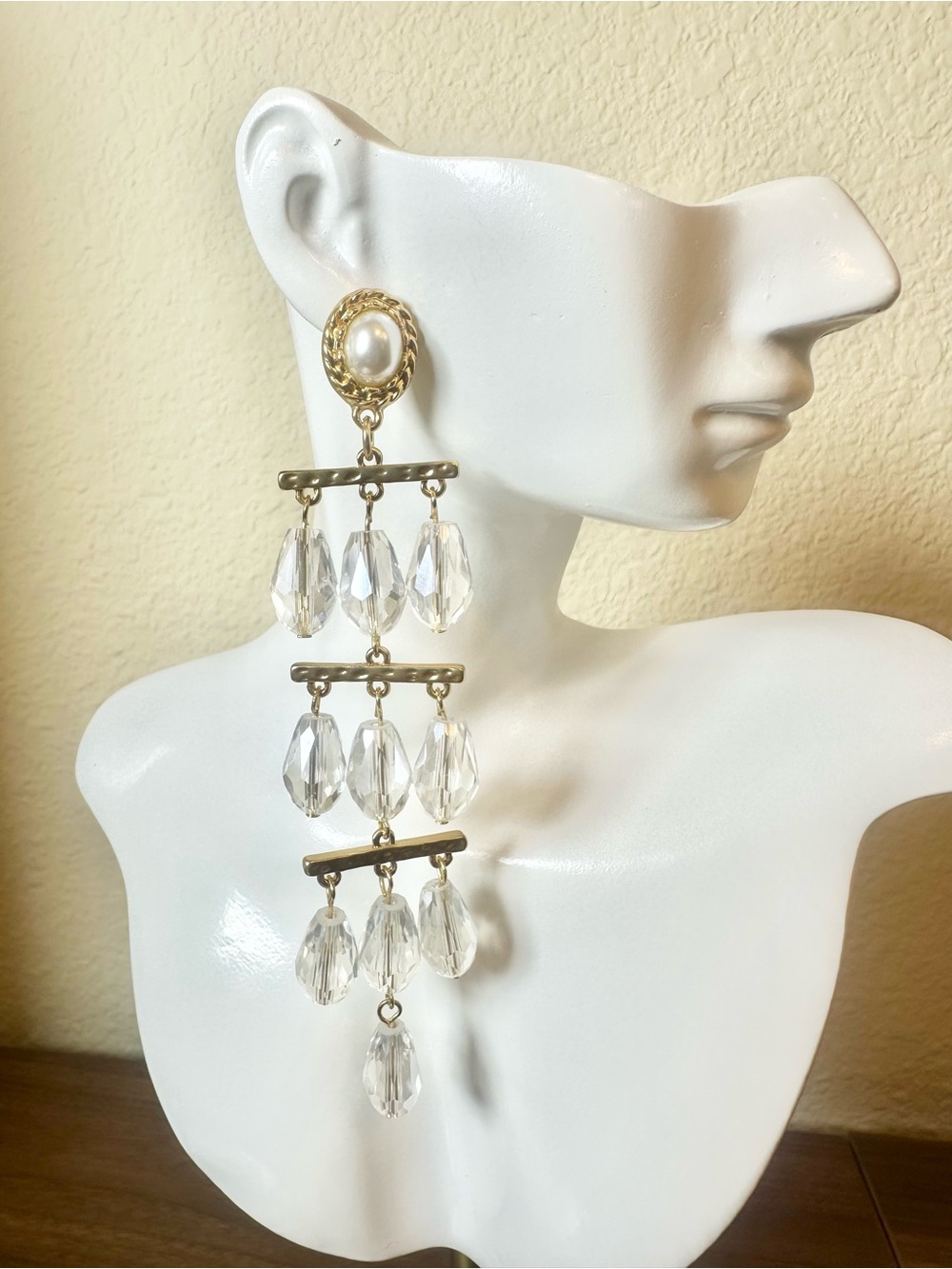 Stunning Gold-Tone Chandelier Pearl Stud Earrings w/ Clear Crystals Dangles